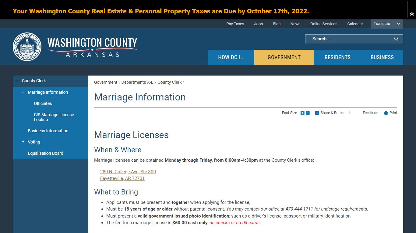 Marriage Information | Washington County, AR